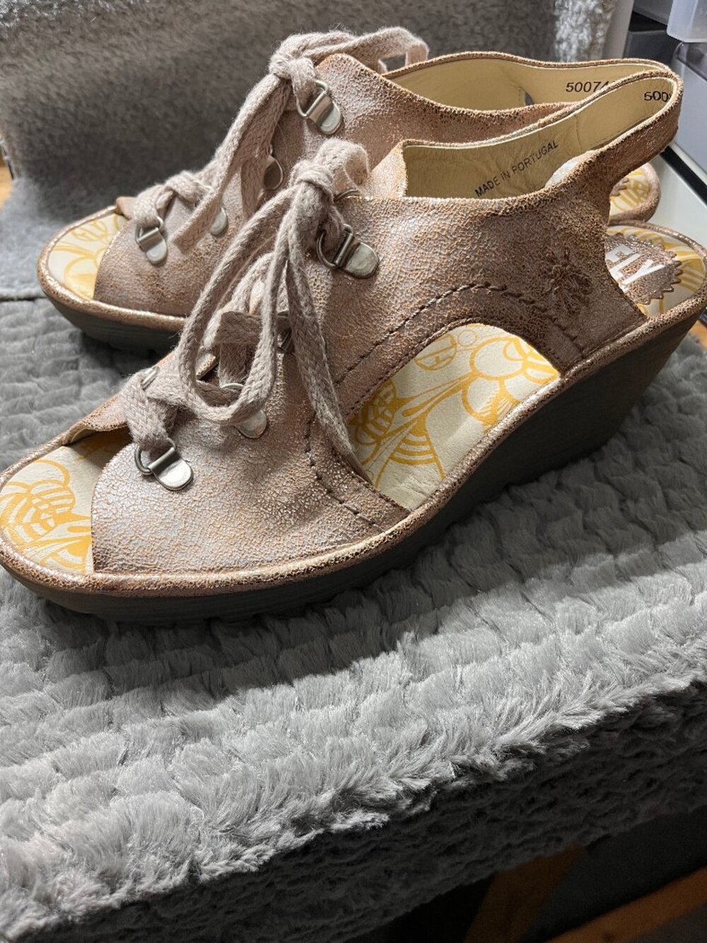 Fly London Ylfa Lace Up Wedges Taupe Metallic Size 39/US 8